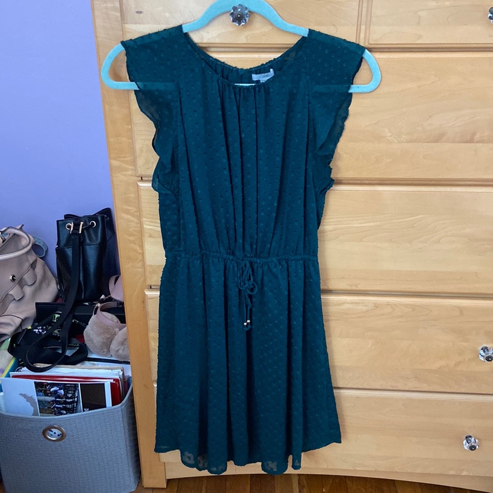 H&M dark green dress, sheer sleeves